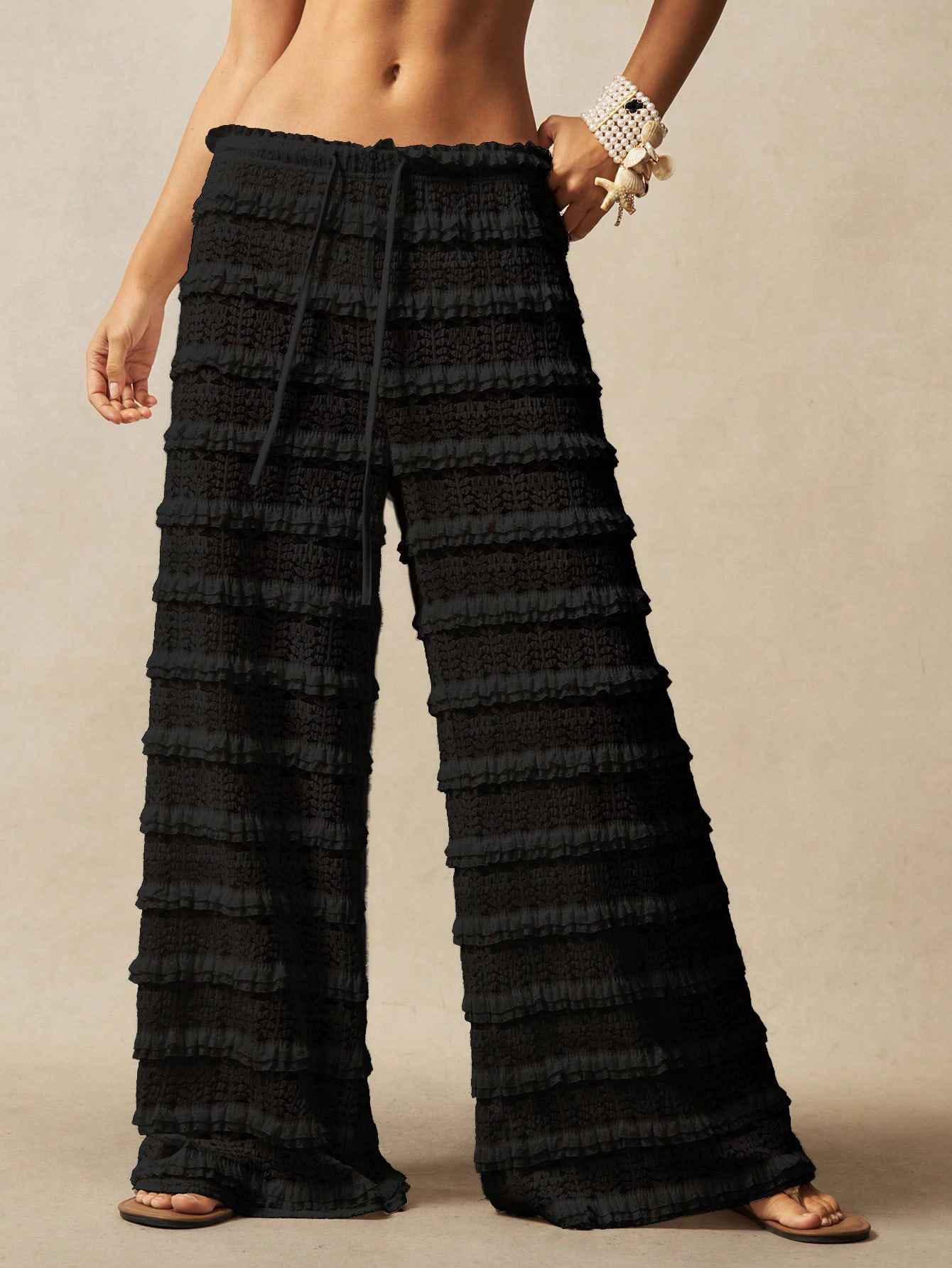 Streetwear Casual Solid Color Lace Jacquard Hollow-out Patchwork Tie-up Straight Leg Pants - MODALIFE