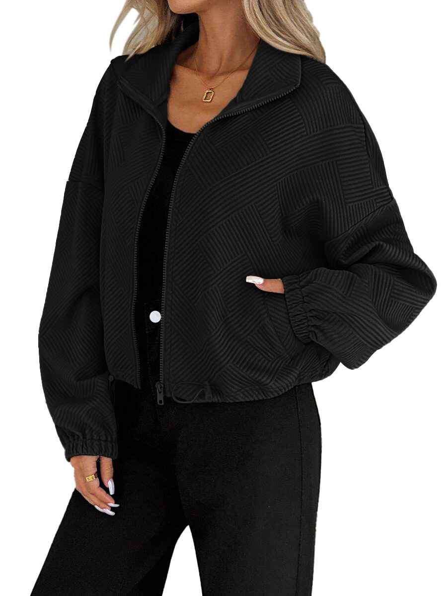 High neck zipper hem drawstring pocket women's loose jacket - MODALIFE