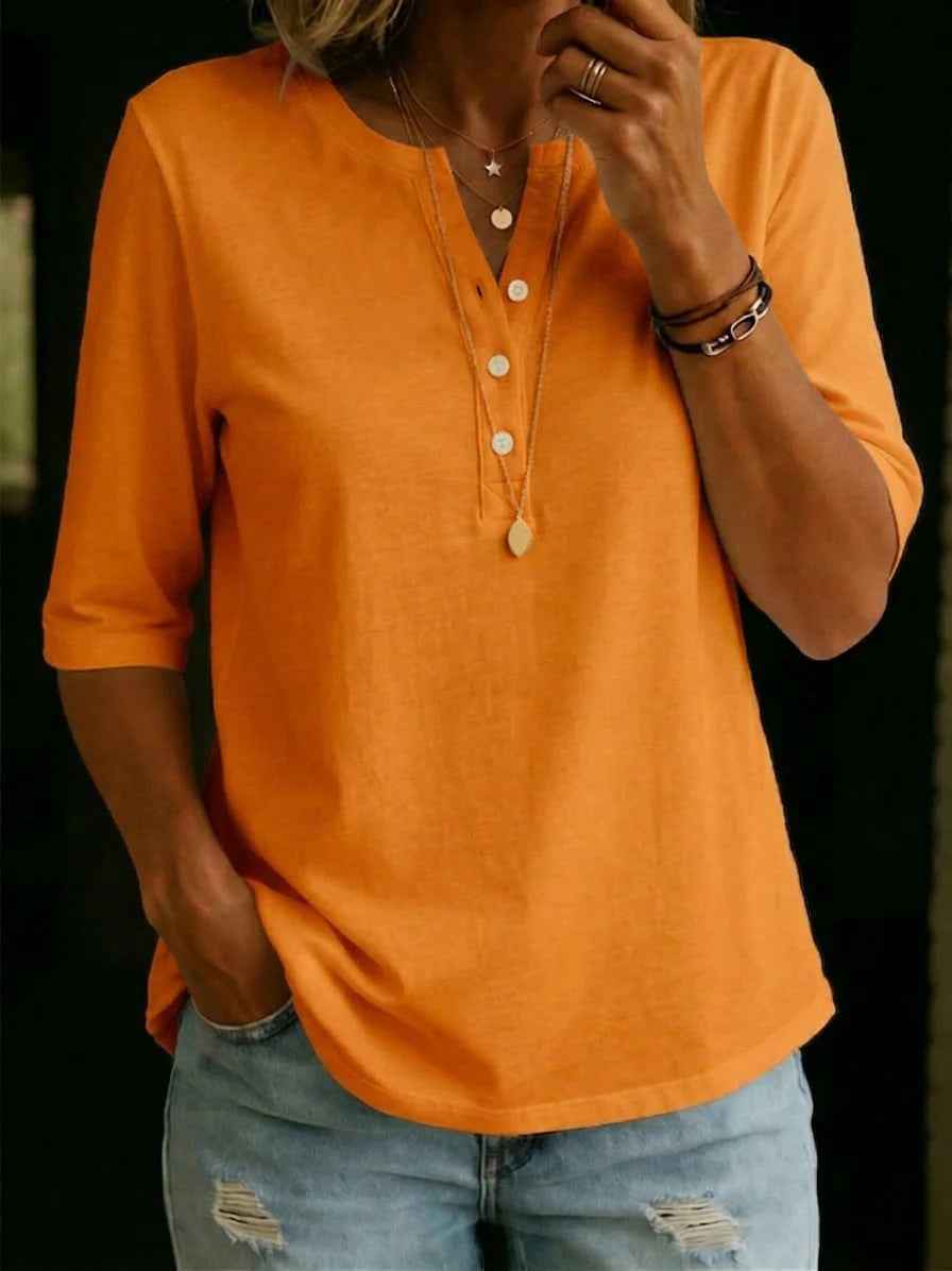 Classic Henley Neck Style Spring Summer New Women's Solid Color Button-Up Top - MODALIFE