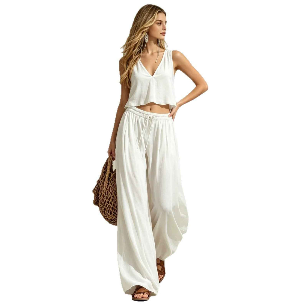 V-neck solid color sleeveless camisole top wide leg pants set - MODALIFE