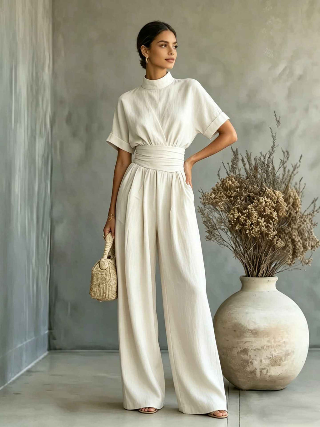 Half high neck short sleeved wide leg jumpsuit - MODALIFE