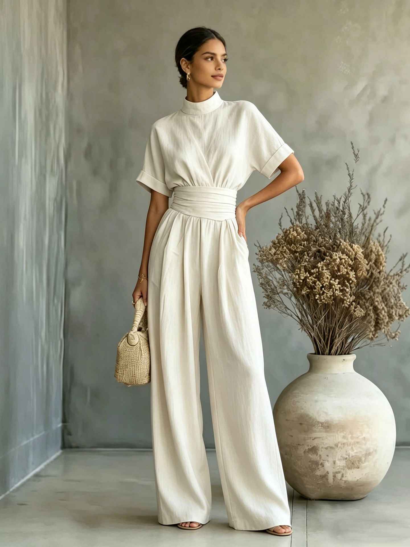 Half high neck short sleeved wide leg jumpsuit - MODALIFE