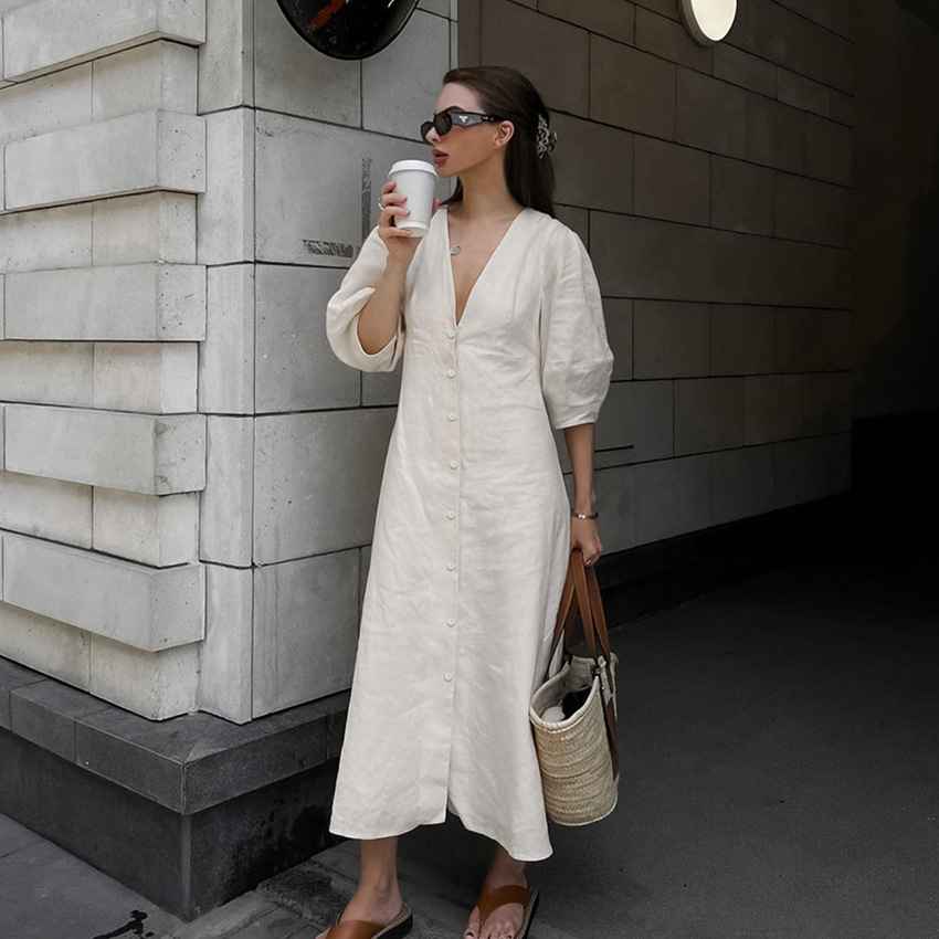 V-neck bubble sleeve loose mid length dress - MODALIFE