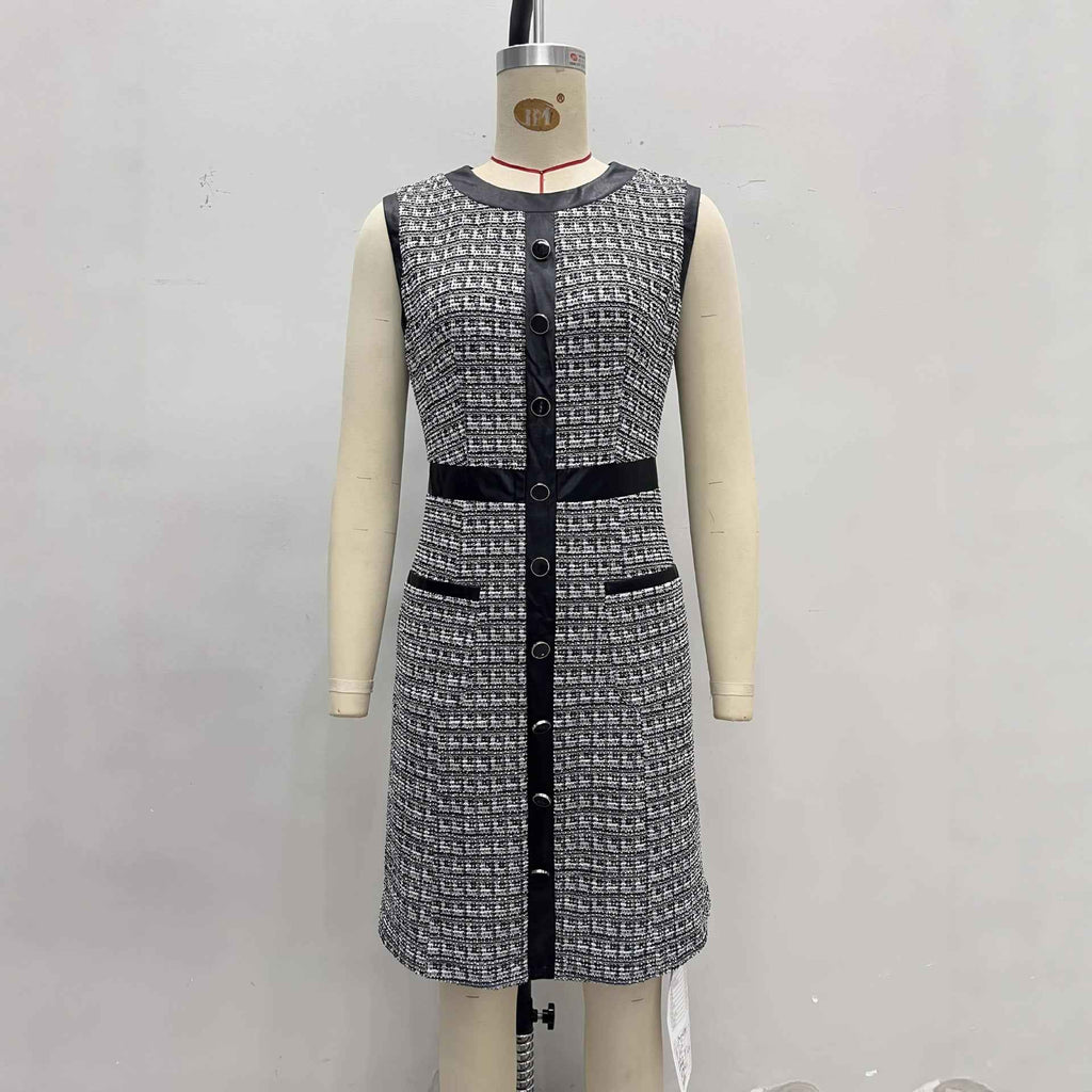 Vintage leather trimmed tweed vest A-line skirt dress - MODALIFE