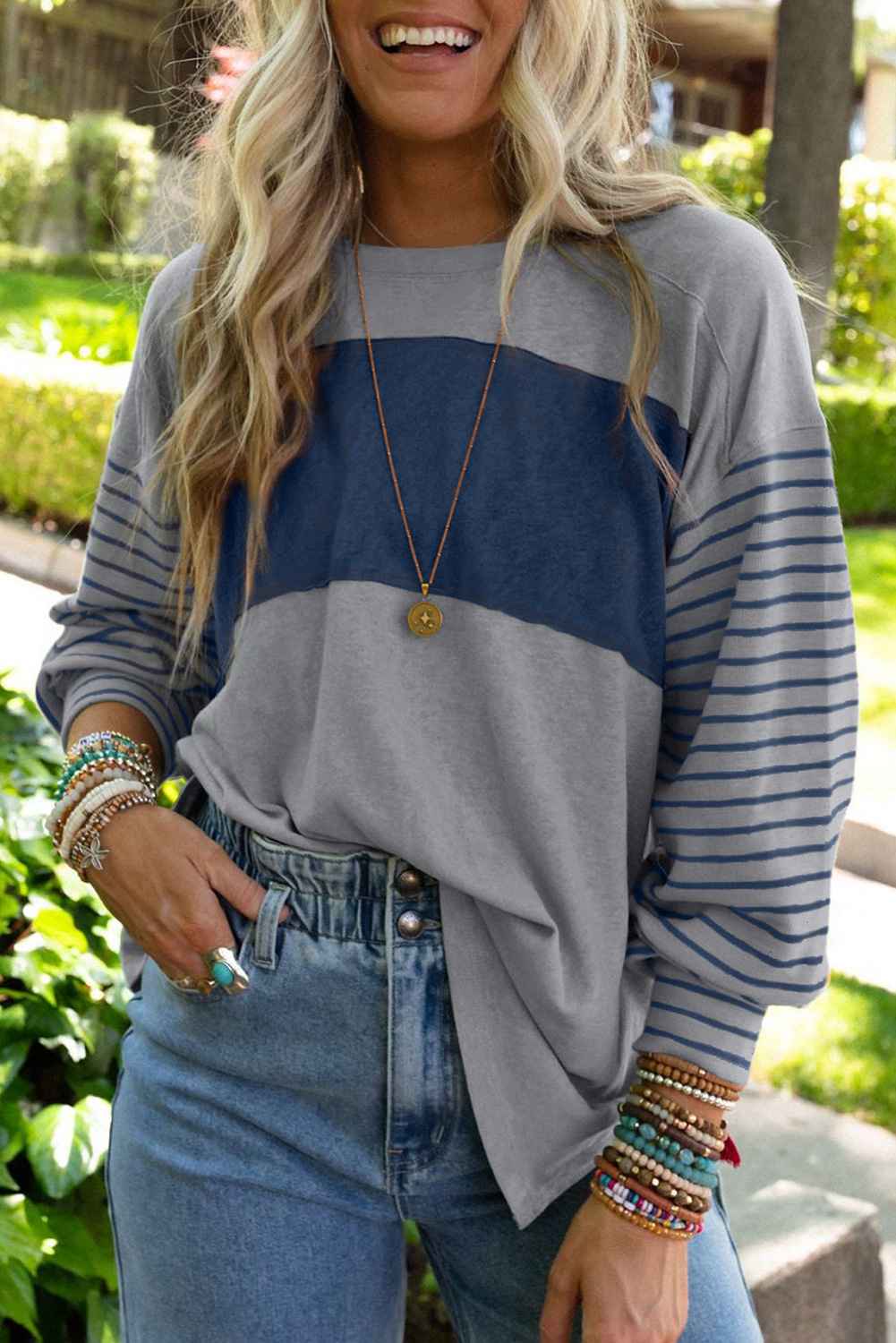 Women's casual color-blocked striped long sleeve round neck pullover t-shirt - MODALIFE