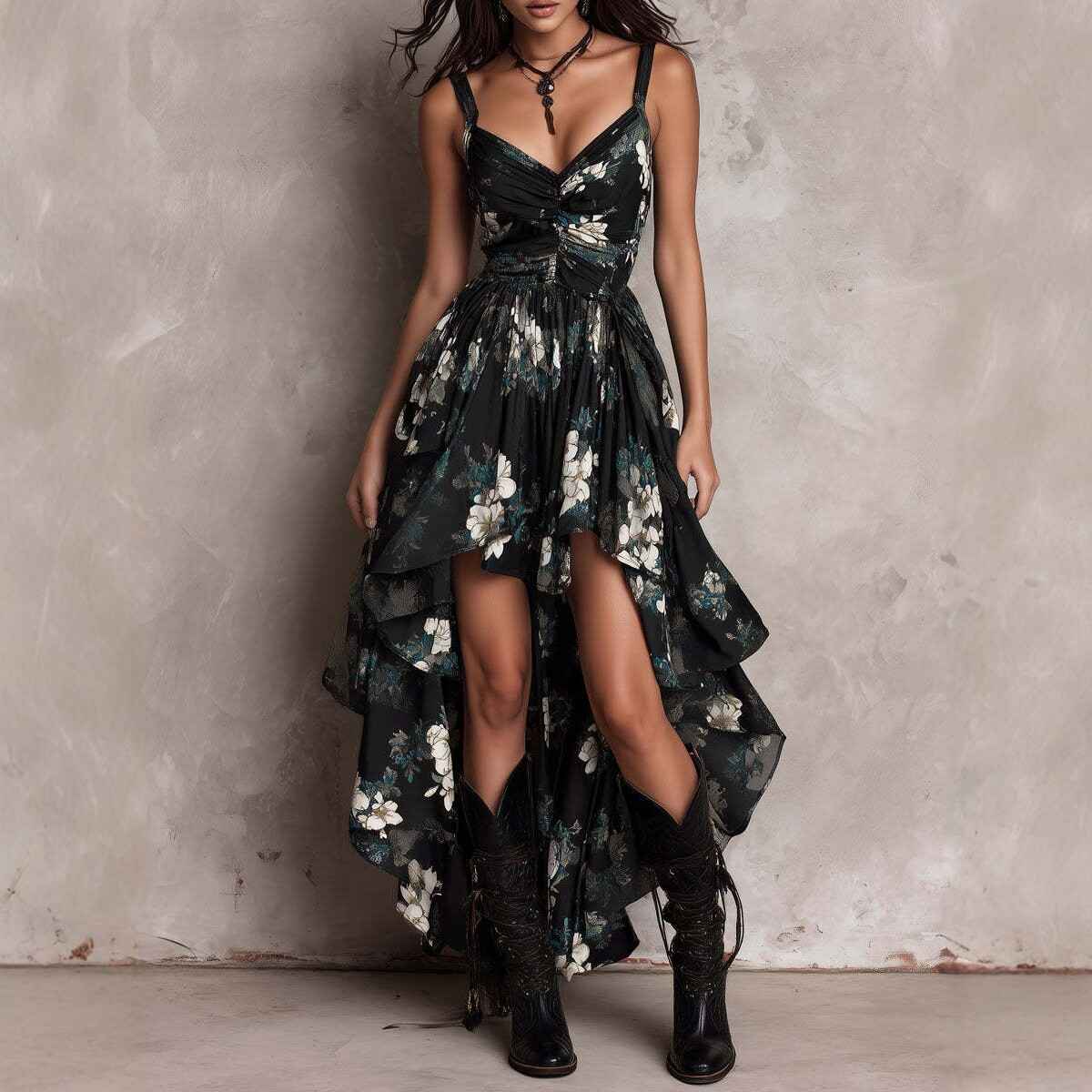 New style printed camisole dress for women, V-neck, waist cinched, high slit long skirt, fashionable vacation dress - MODALIFE