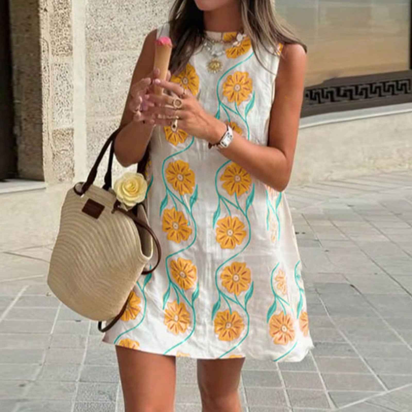 Fashionable Pink Floral Round Neck Sleeveless Vest Dress for Women Casual Summer Style - MODALIFE