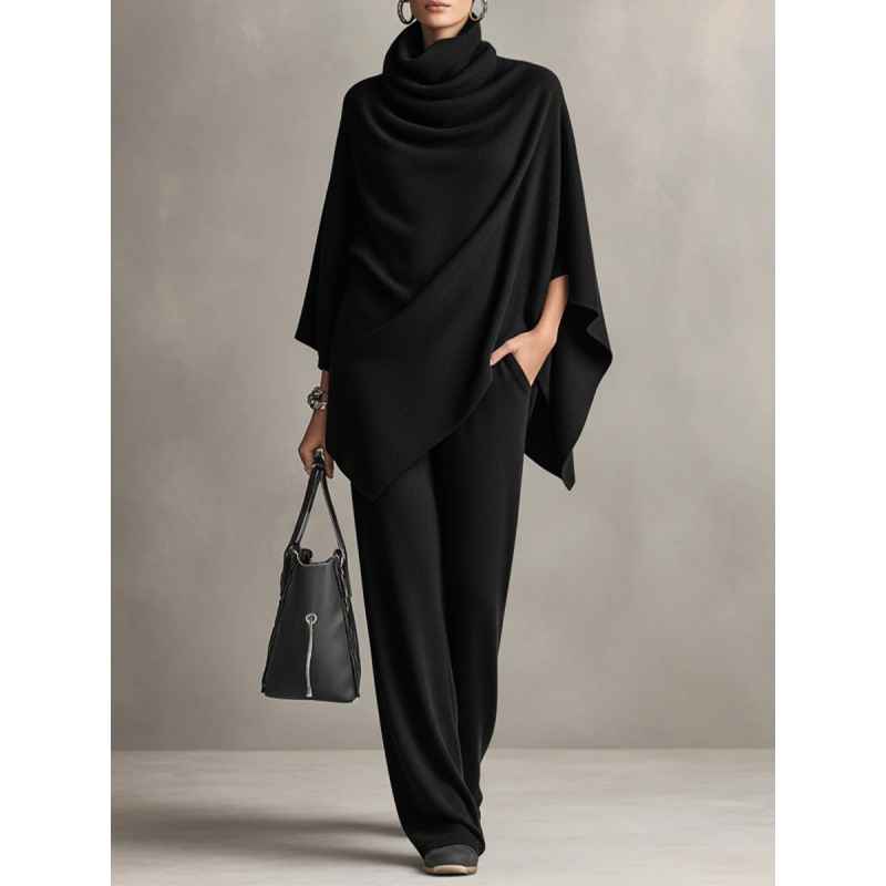 Autumn and Winter German Velvet Pile Collar Cloak Top+Wide Leg Pants Two Piece Set - MODALIFE