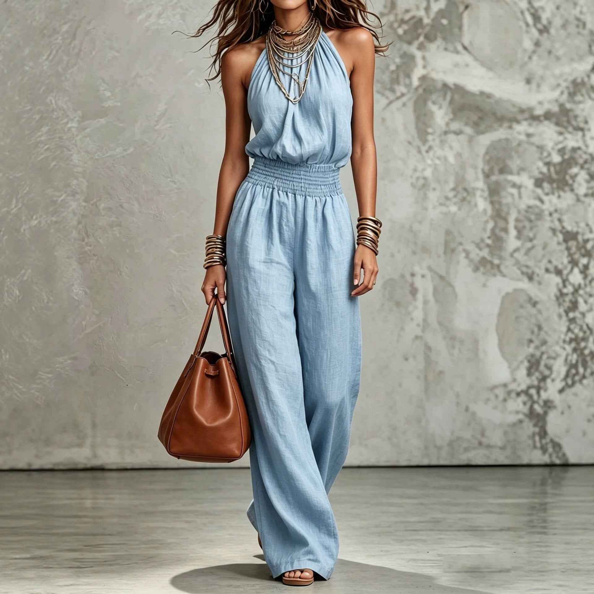 Sleeveless Backless Waist-Tie Halter Wide-Leg Jumpsuit for Women