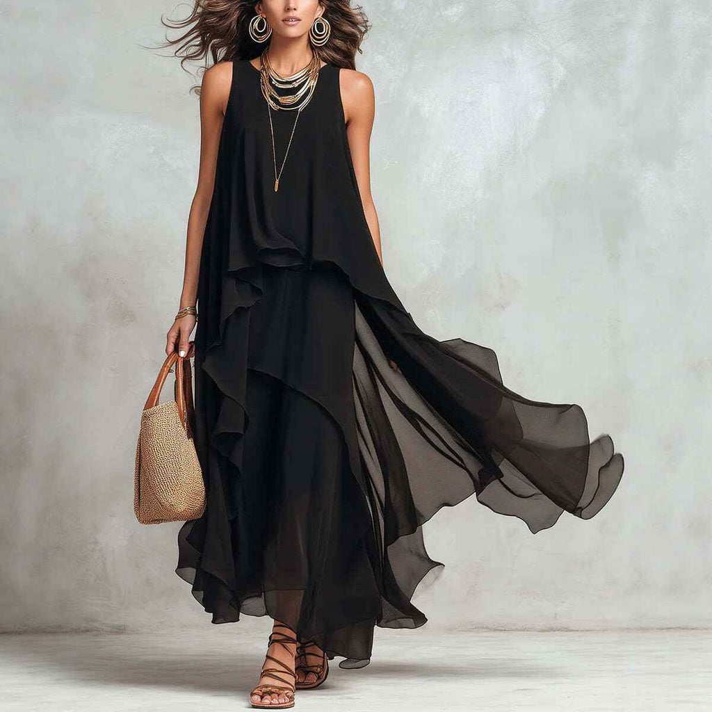 Chic Flowy Black Sleeveless Asymmetrical Chiffon Long Dress - MODALIFE