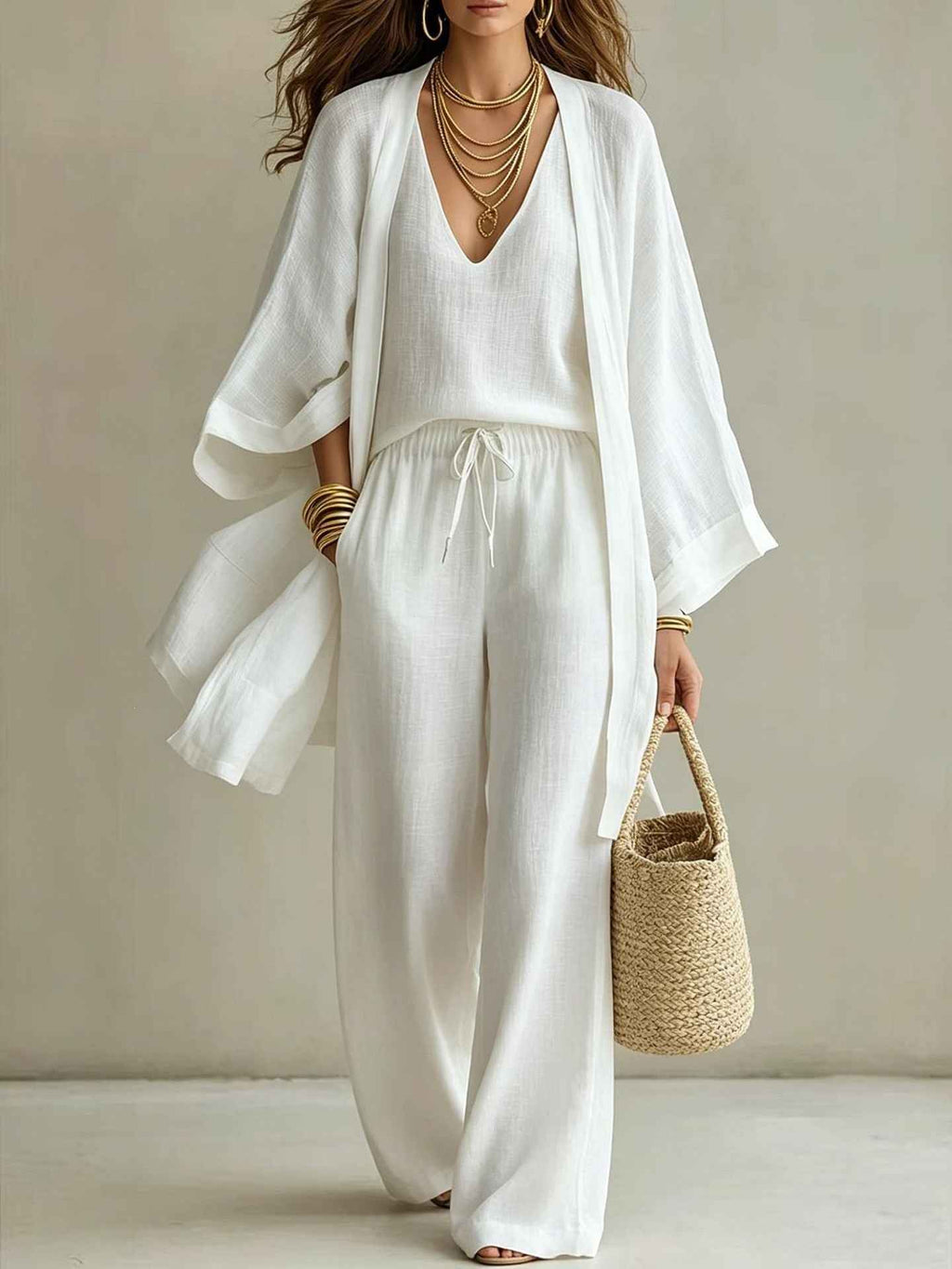 Loose cardigan sleeveless vest long pants three piece set for women