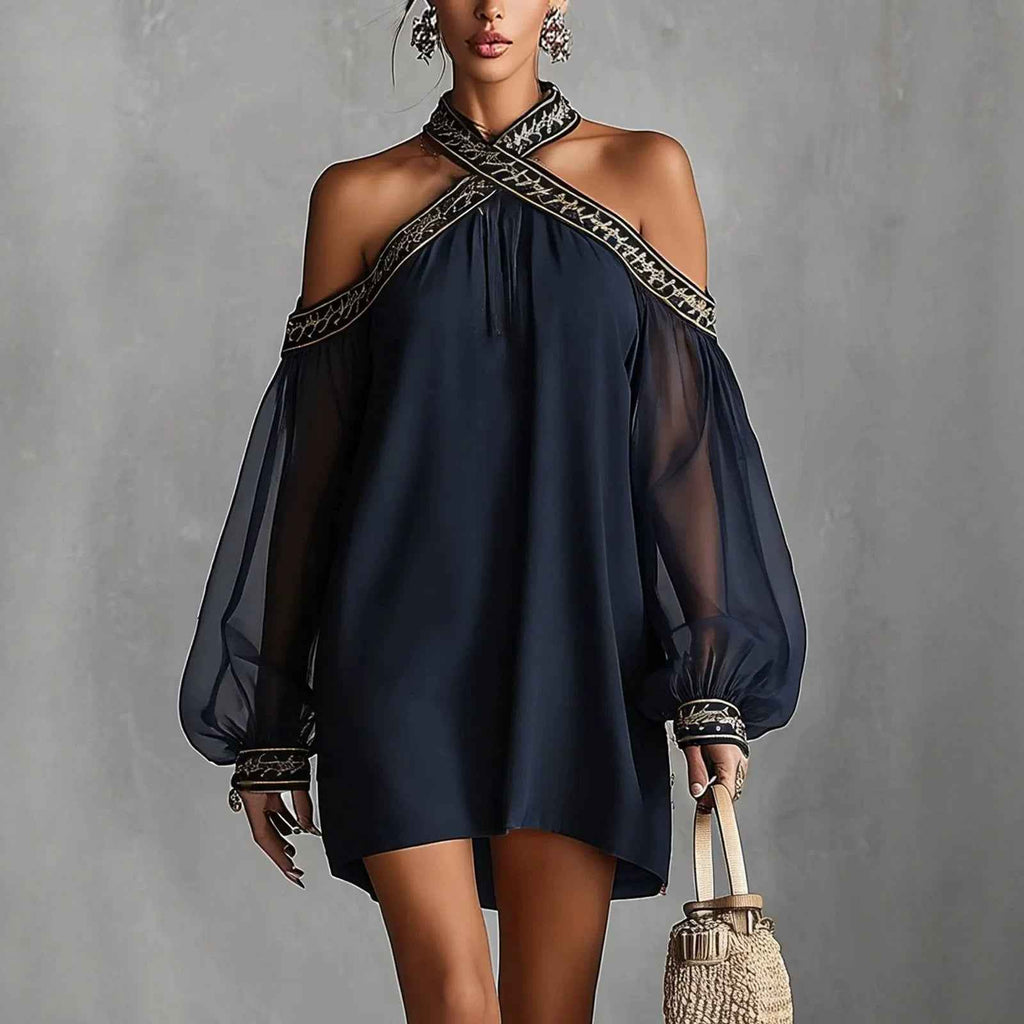 Fashion Design Embroidered Strapless Dress with Off-Shoulder Sheer Lantern Sleeve Loose Slimming Resort Style - MODALIFE