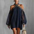 Fashion Design Embroidered Strapless Dress with Off-Shoulder Sheer Lantern Sleeve Loose Slimming Resort Style - MODALIFE