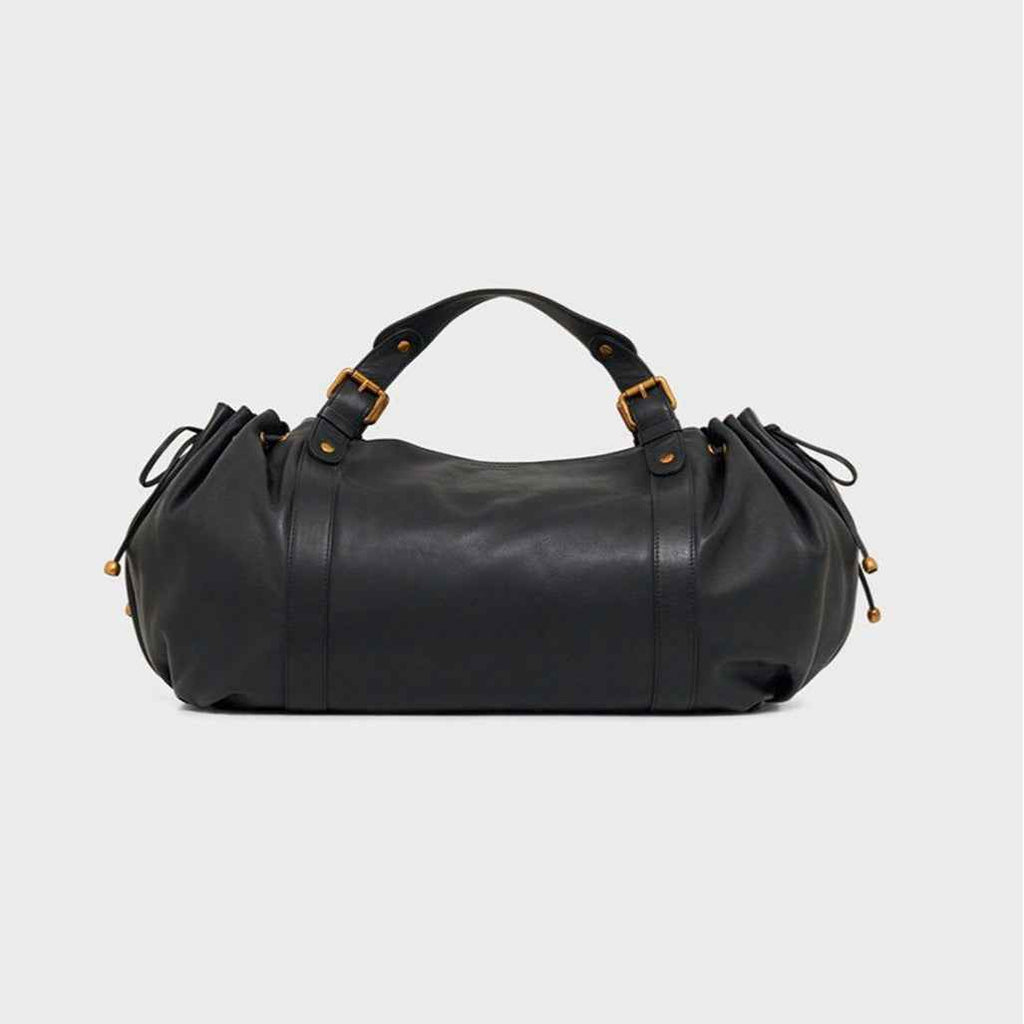 Black large capacity soft leather tote bag with pleated drawstring hand-held shoulder bag - MODALIFE