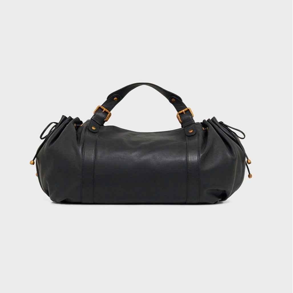 Black large capacity soft leather tote bag with pleated drawstring hand-held shoulder bag - MODALIFE