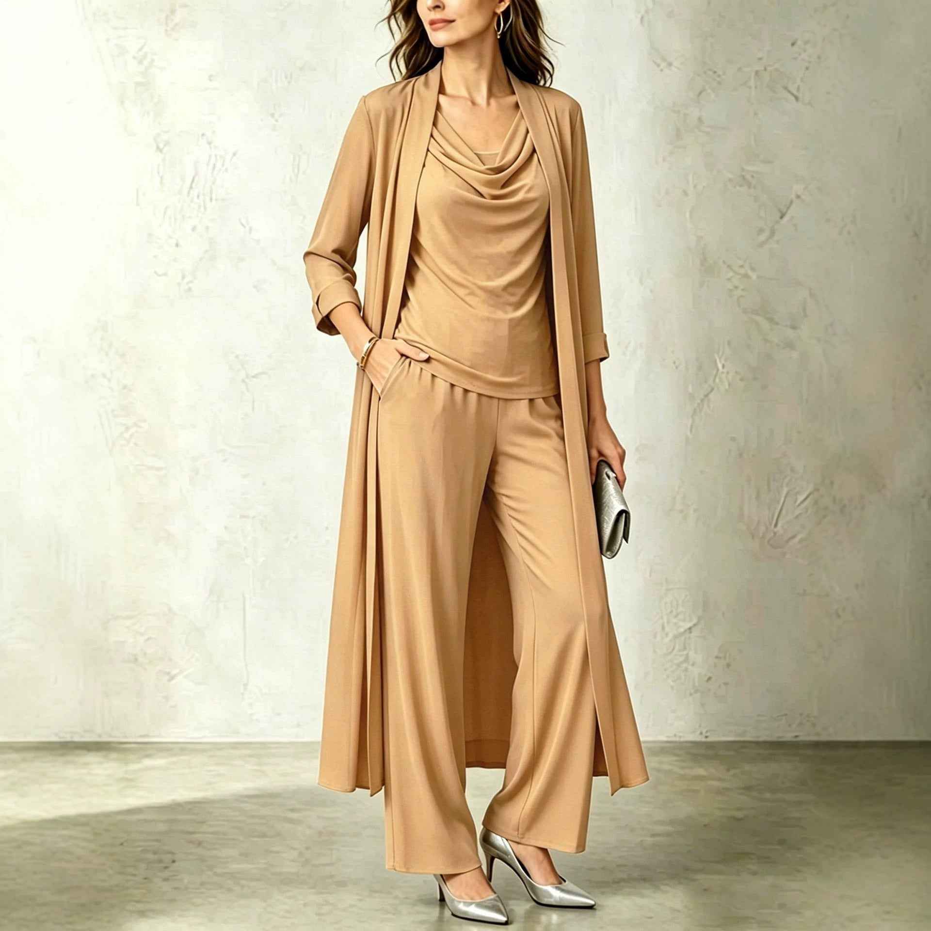 Long sleeved swing collar top long cardigan jacket long pants three piece set - MODALIFE