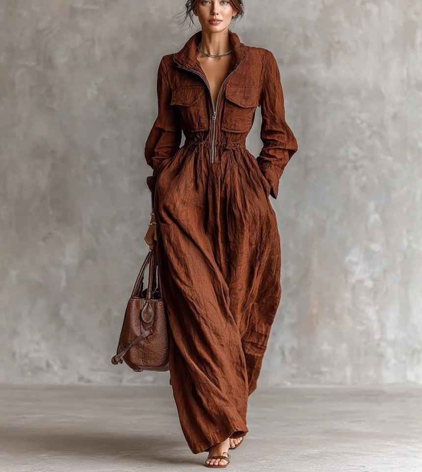 Women's Zipper Collar Elastic Waist Long Dress - MODALIFE