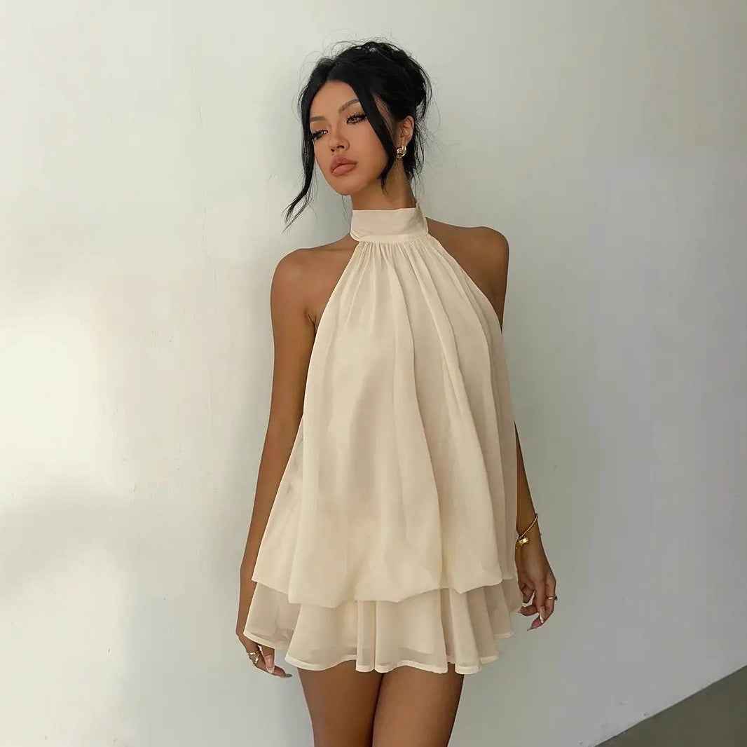Women's vacation fitted sexy backless halter neck tie-waist dress with puffy short skirt