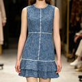 Sleeveless blue and white print element denim blue dress - MODALIFE