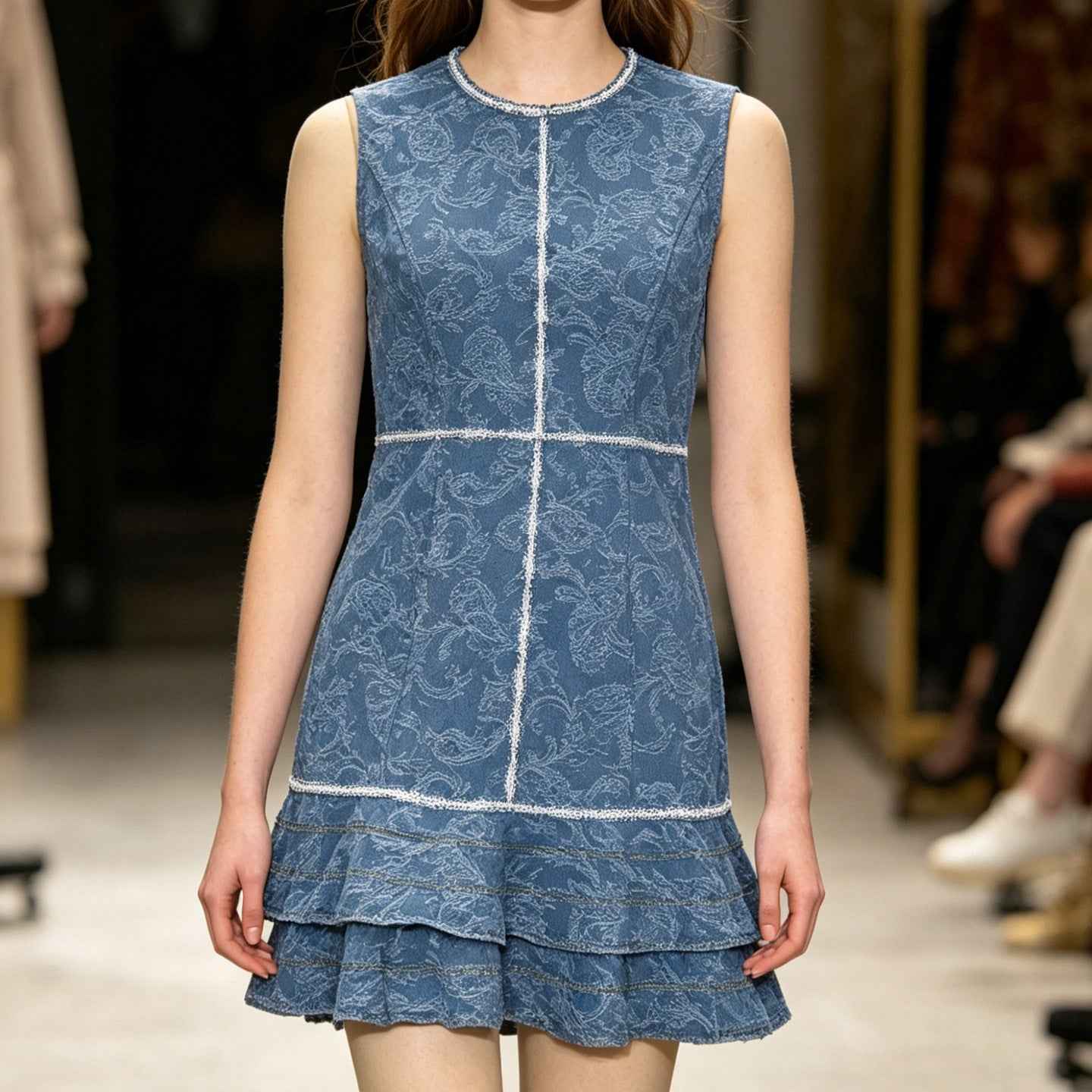 Sleeveless blue and white print element denim blue dress - MODALIFE