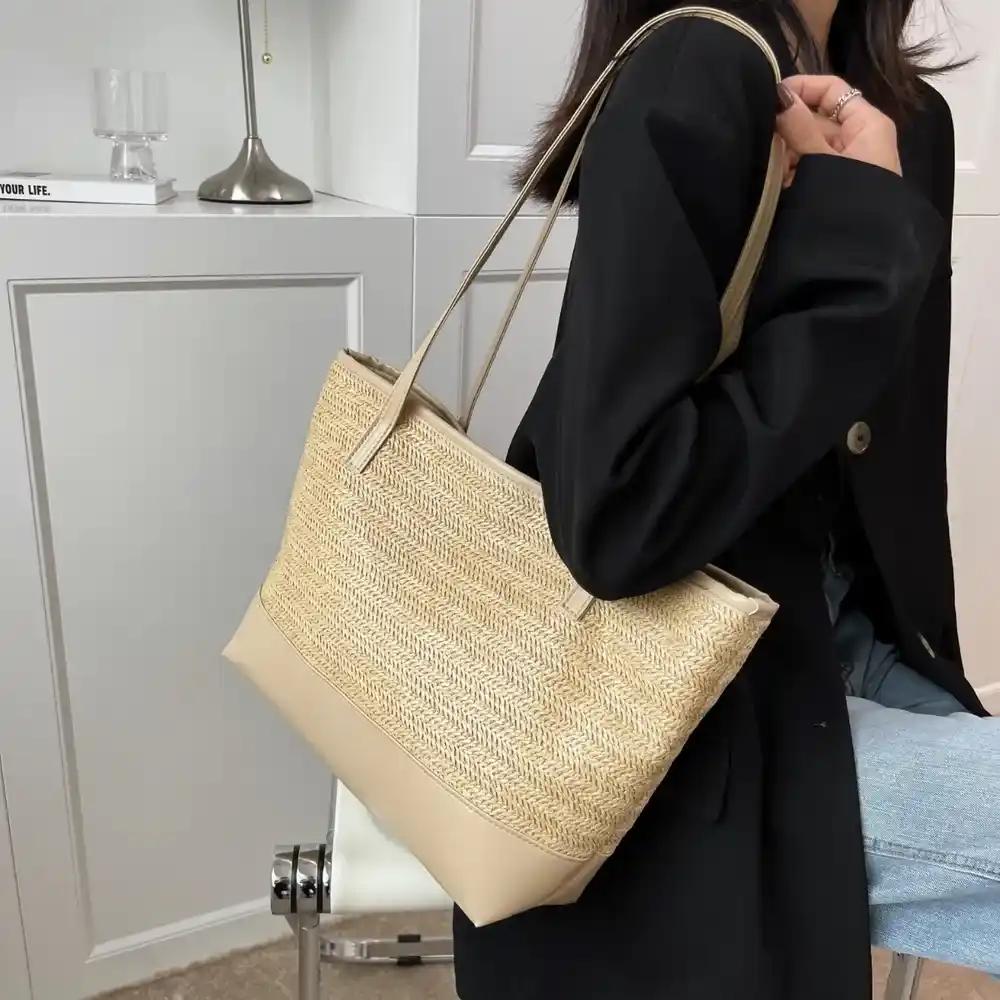 Straw Weave Leather Strap Tote Bag - MODALIFE
