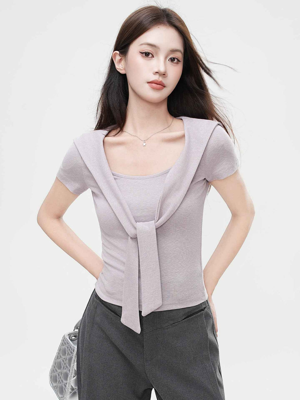 False Two-Piece Design Shoulder Cape V-Neck Short Sleeve T-Shirt Women's Unique Fitted Crop Top - MODALIFE