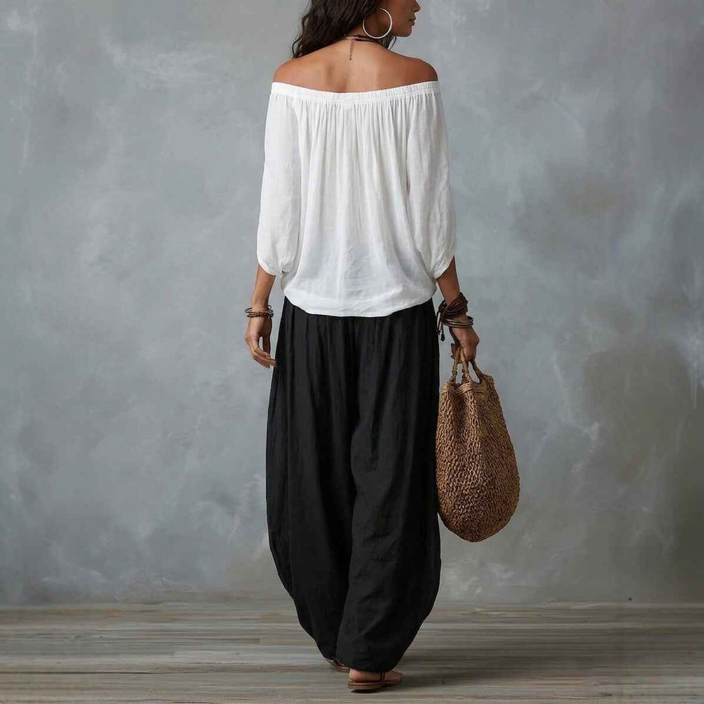 Fashion One-Shoulder T-Shirt with Wide-Leg Pants Set for Women, Elegant Two-Piece Long Sleeve Casual Outfit - MODALIFE