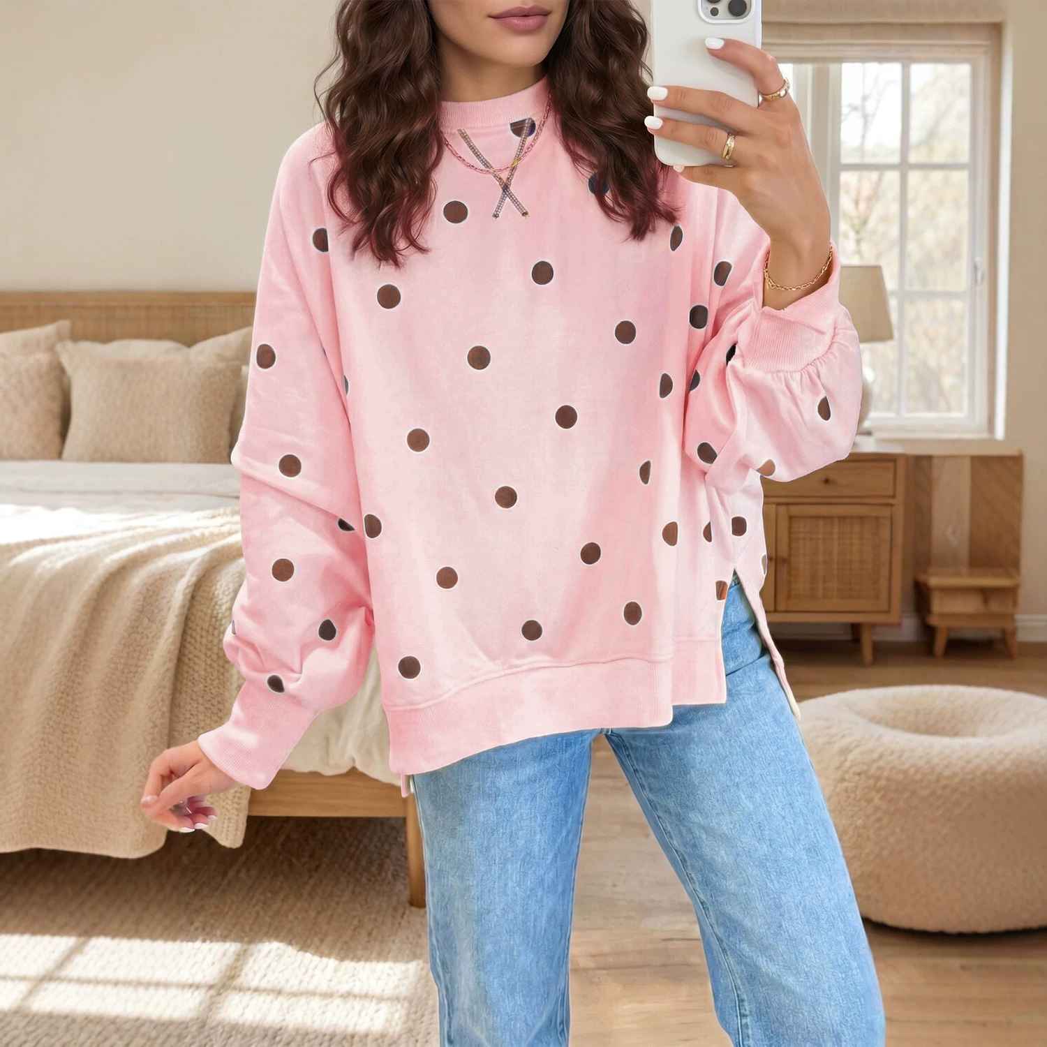 Women's loose hoodie with polka dot print and contrasting colors - MODALIFE