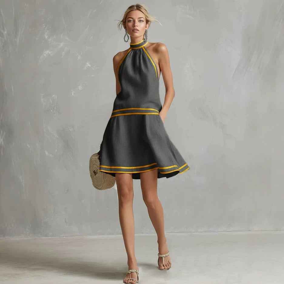 Choker Neck Fashion Short Dress with Striped Trim, Comfortable Sleeveless Fitted Dress