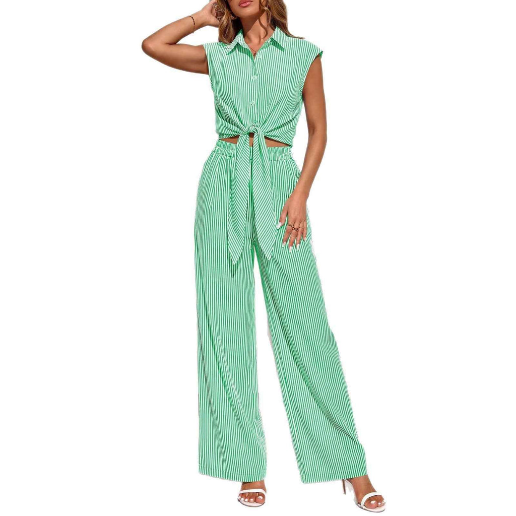Spring Summer Women's Striped Buttoned Sleeveless Shirt and Pants Set