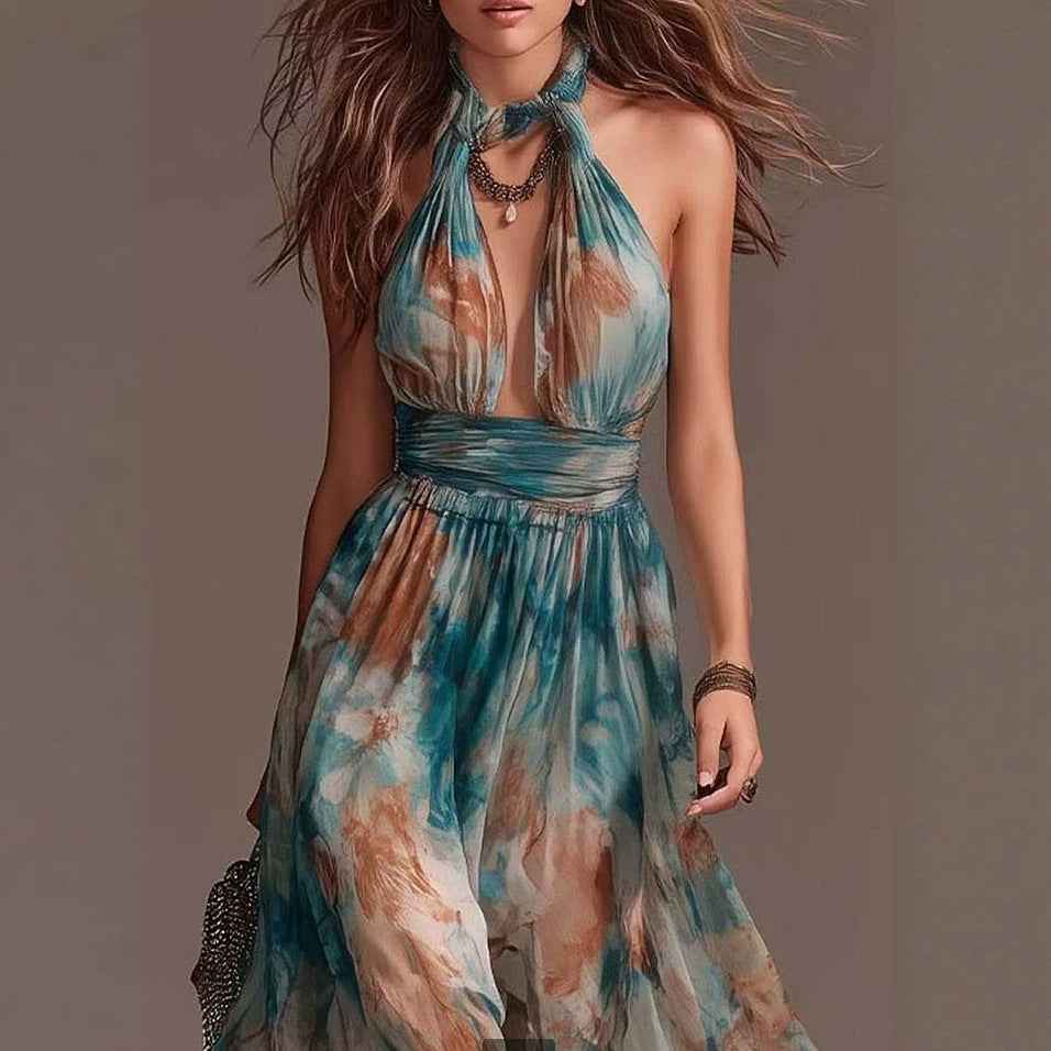 Hang Neck Backless Ink Print Vacation Style Casual Long Dress