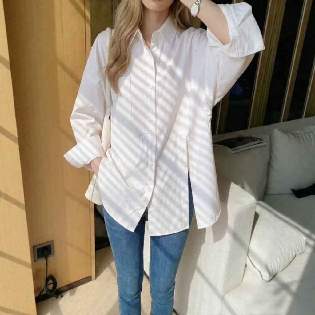 New women's solid color long sleeved shirt with button side slit - MODALIFE