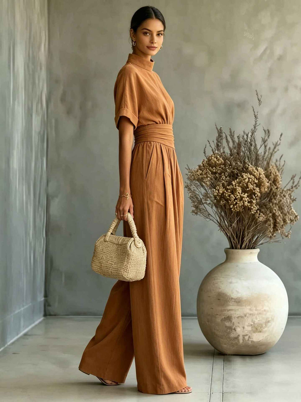 Half high neck short sleeved wide leg jumpsuit - MODALIFE