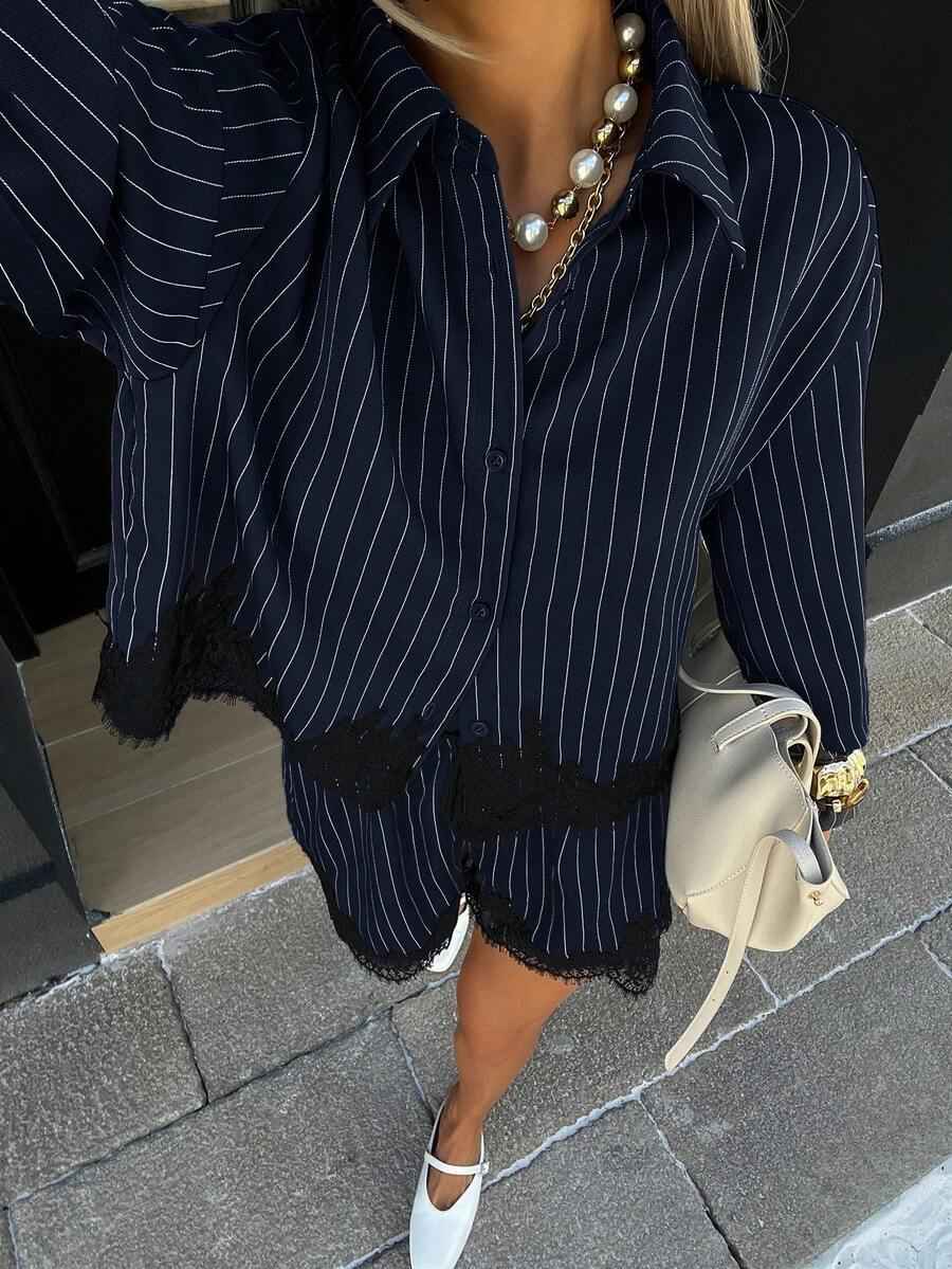 Women's striped shirt drawstring shorts set - MODALIFE