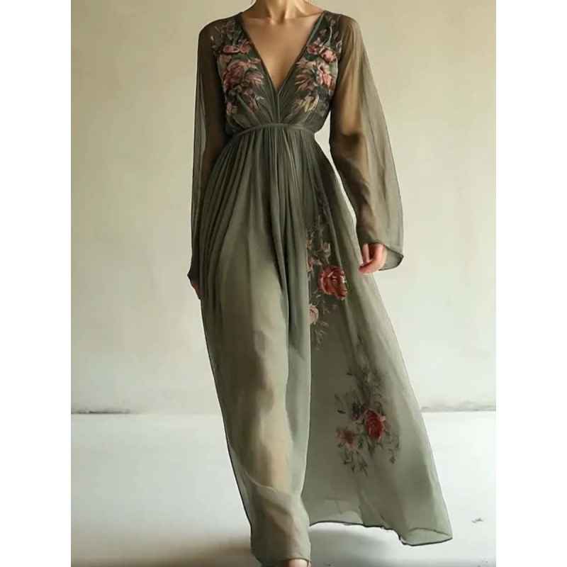 Printed long sleeved long collar dress long skirt - MODALIFE