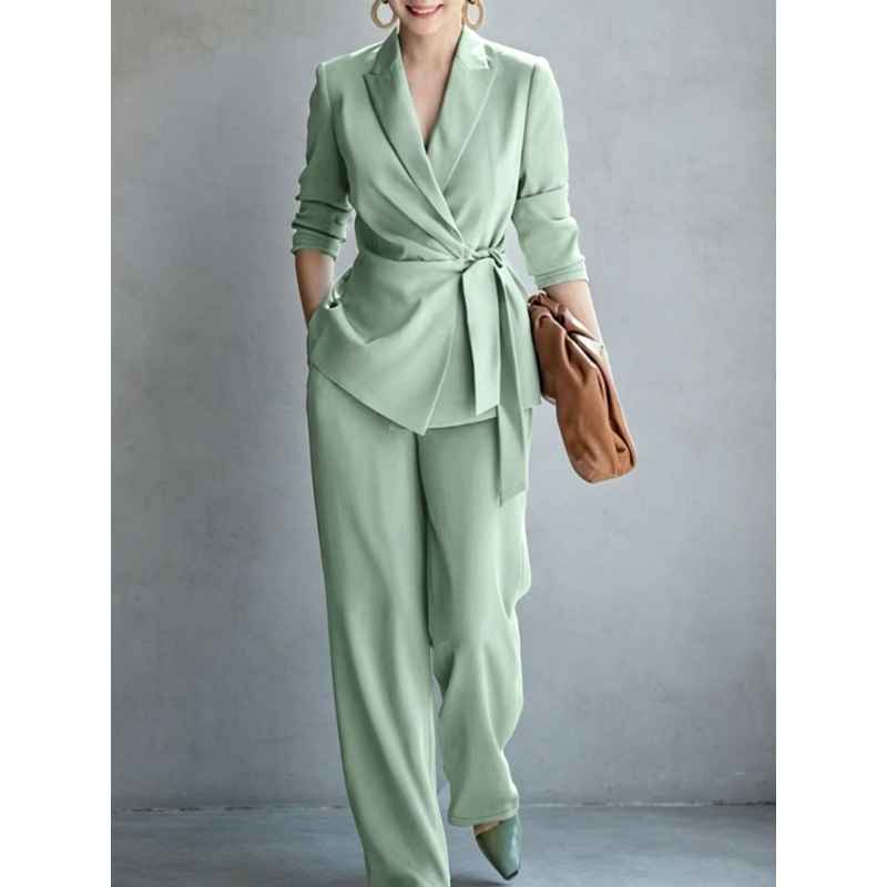 Fashionable Elegant Women's Casual Solid Color Suit Set with Belted Top and Pants - MODALIFE