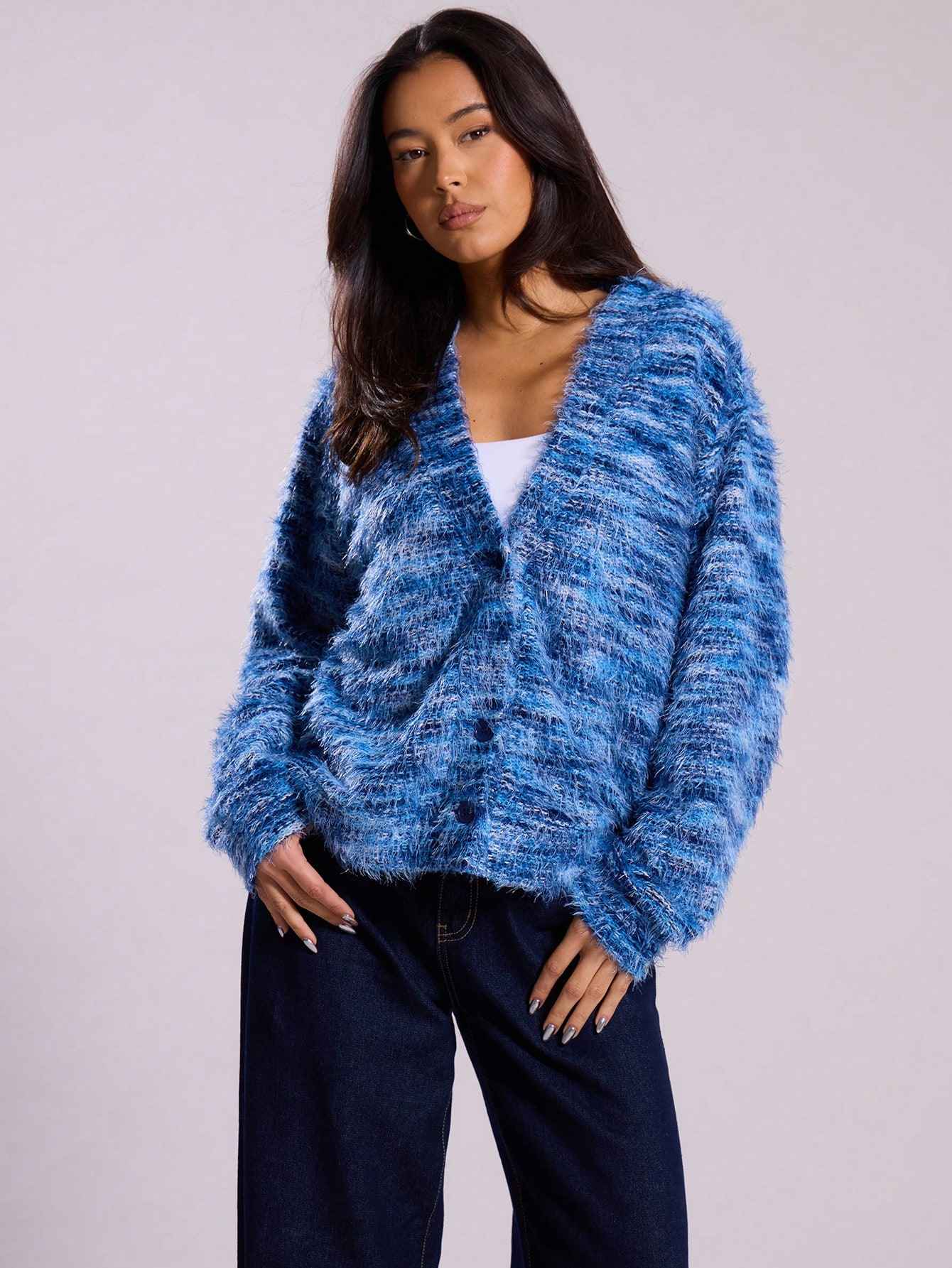 Fashionable Vintage Deep V-Neck Melange Fleece Long Sleeve Cardigan - MODALIFE