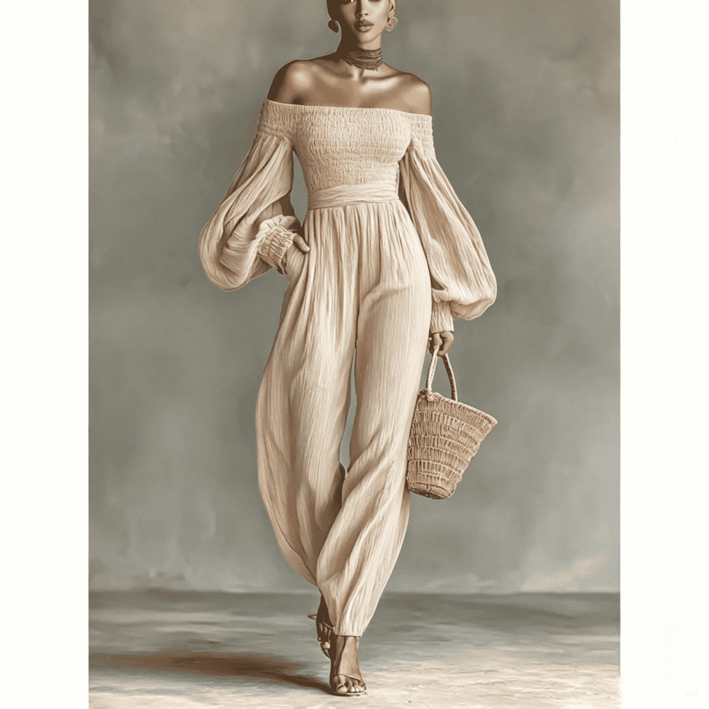 Style Off-Shoulder Lantern Sleeve Pleated Loose Jumpsuit for Women - MODALIFE