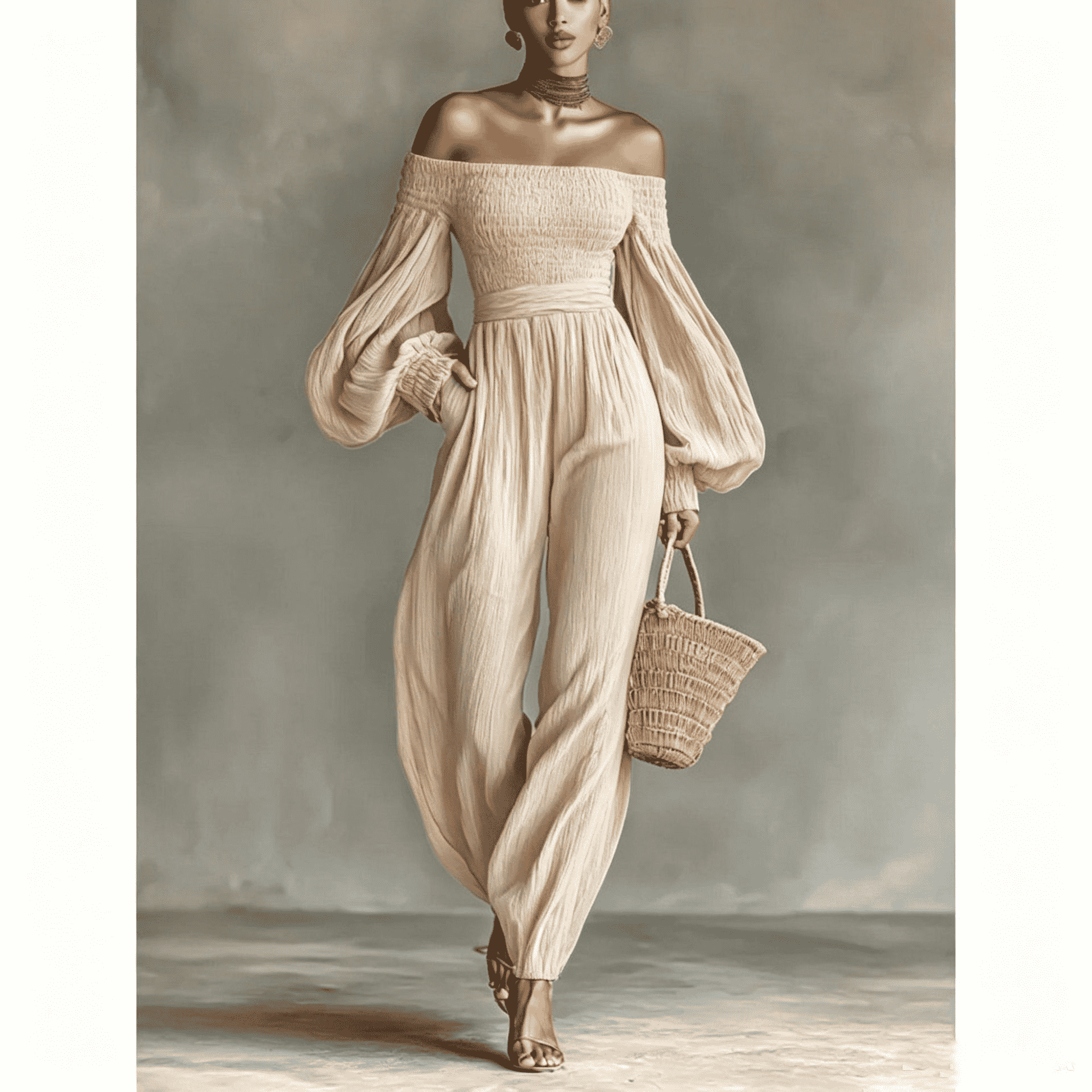Style Off-Shoulder Lantern Sleeve Pleated Loose Jumpsuit for Women - MODALIFE