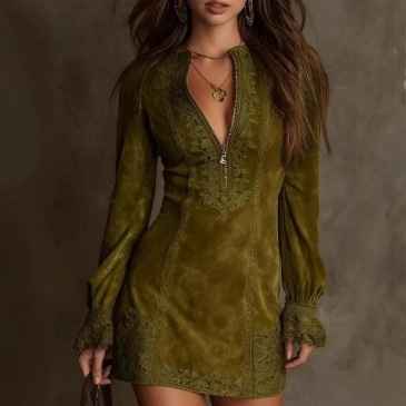 Elegant Long Sleeve Zipper Lace Trim Fitted Midi Dress for Women - MODALIFE