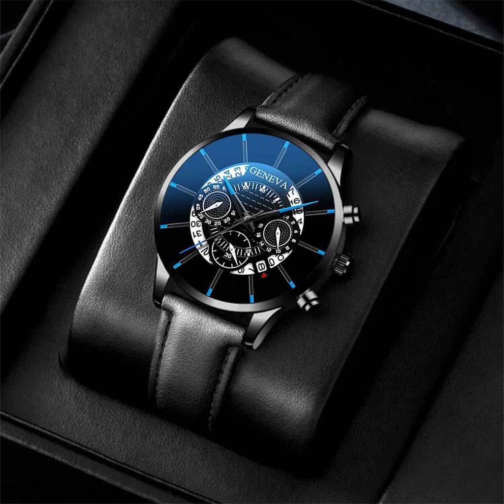 Casual Business Men's Leather Watch with Calendar and Three-Eye Design, Quartz Wristwatch Set