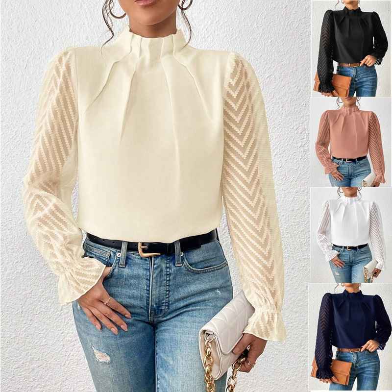 Autumn Winter New Women's High Neck Spliced Wave Pattern Chiffon Long Sleeve Top - MODALIFE