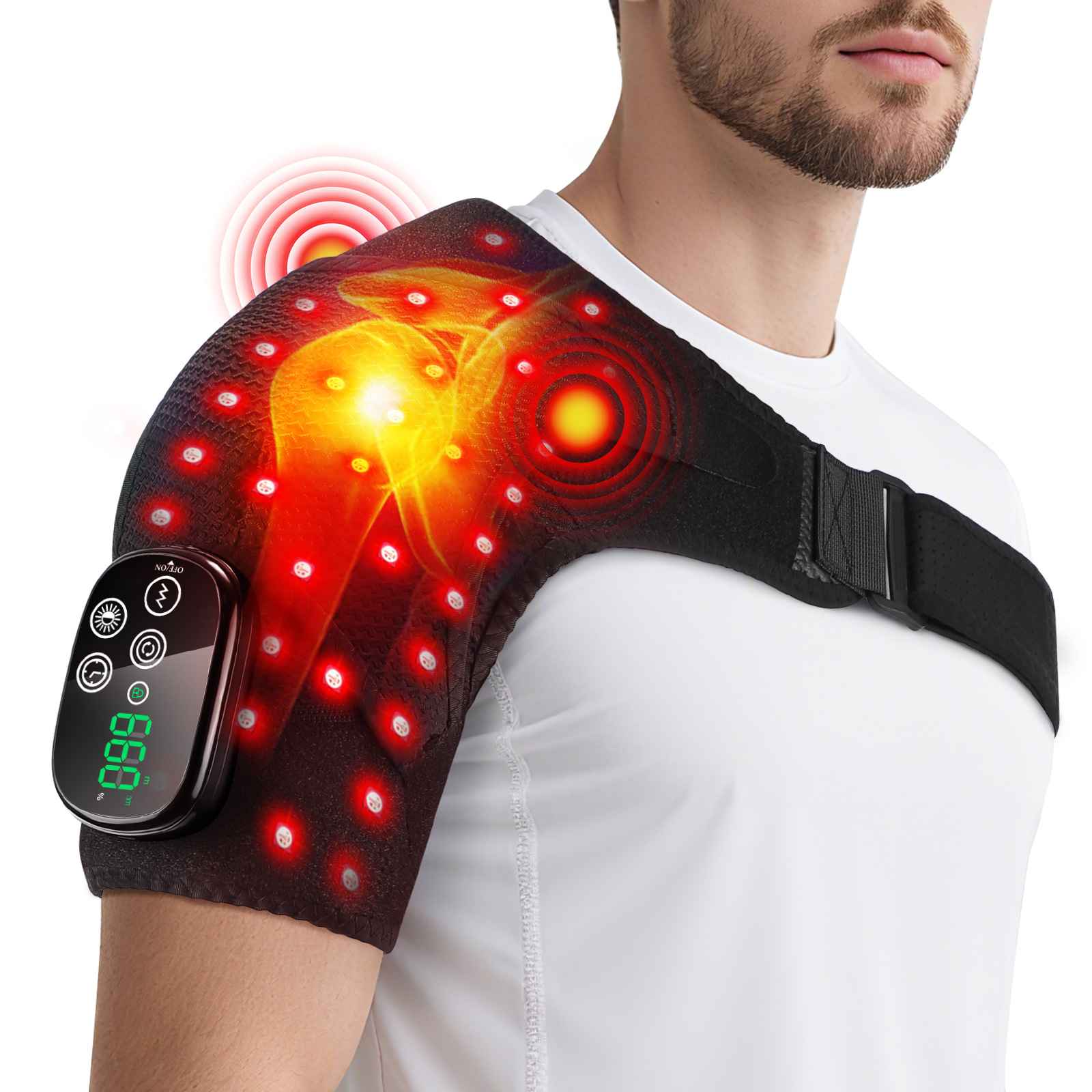 Massage Shoulder Support with Touchscreen Controller, Rechargeable Vibrating Heat Therapy Shoulder Massager Belt - MODALIFE