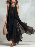 Chic Flowy Black Sleeveless Asymmetrical Chiffon Long Dress - MODALIFE