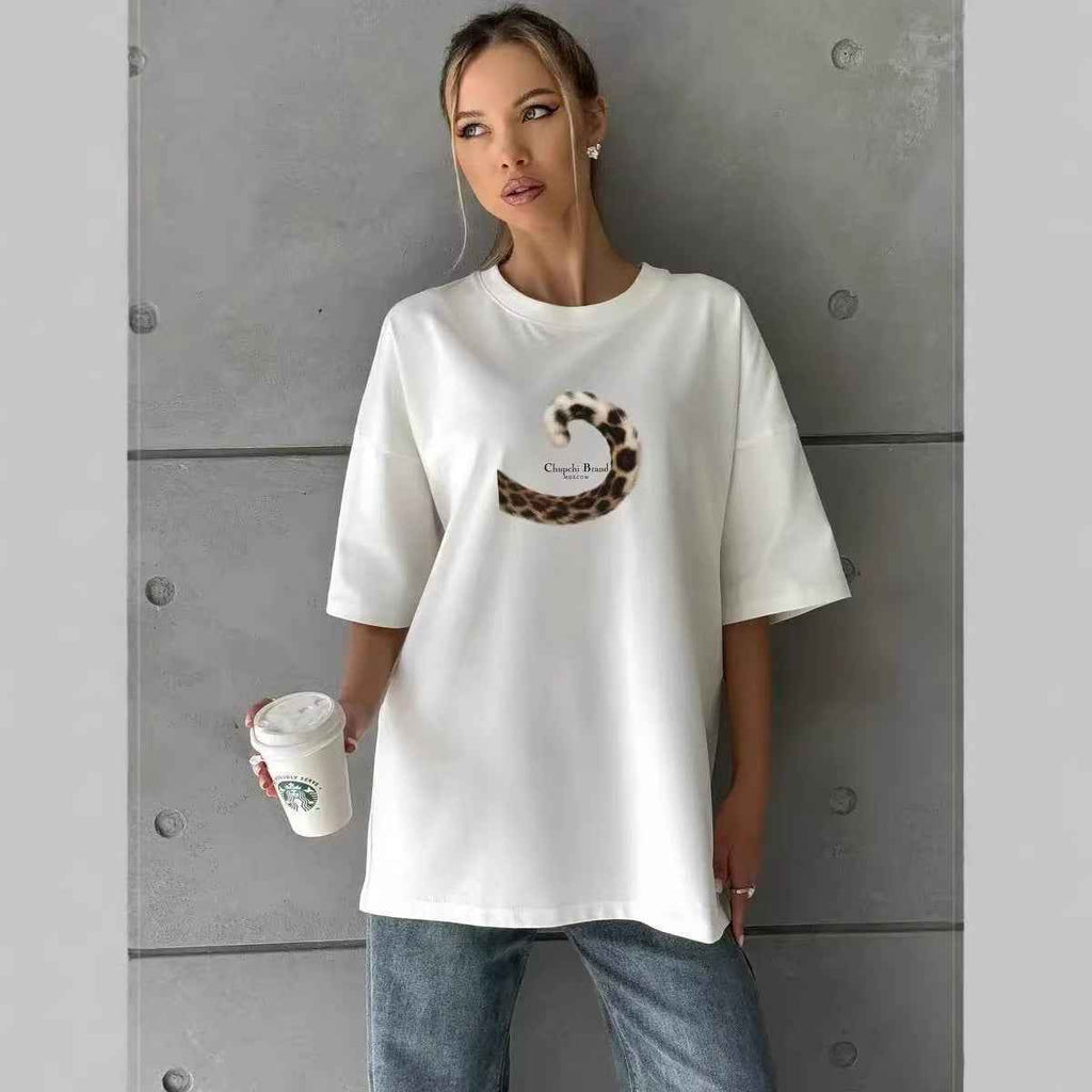Leopard print tail printed short sleeved T-shirt for women