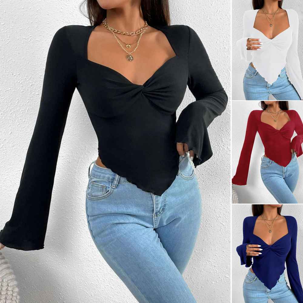 Ladies' elegant style T-shirt for spring and summer new style, slim fit short cut with slanted collar, solid color top - MODALIFE