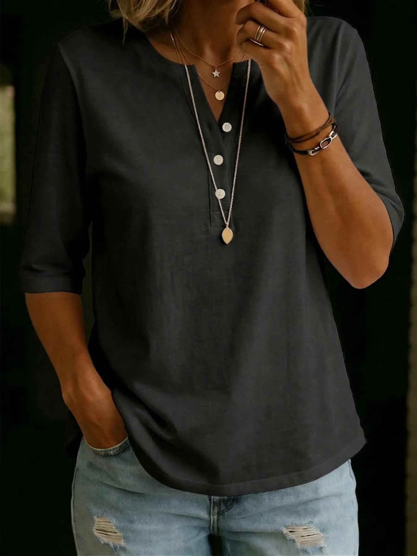 Classic Henley Neck Style Spring Summer New Women's Solid Color Button-Up Top - MODALIFE