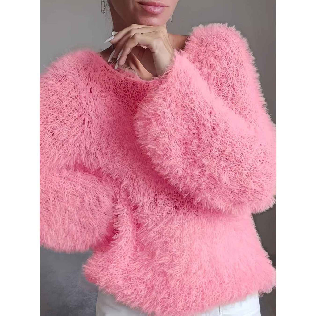 Women's macaron round neck fluffy solid color long sleeved fur top - MODALIFE