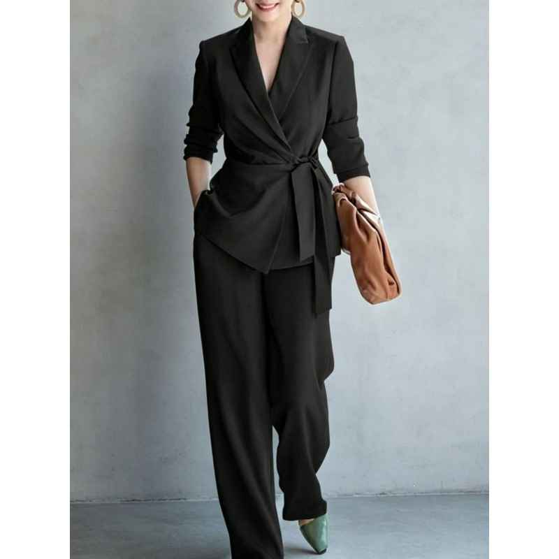 Women's casual solid color suit lace up top and pants two-piece set - MODALIFE