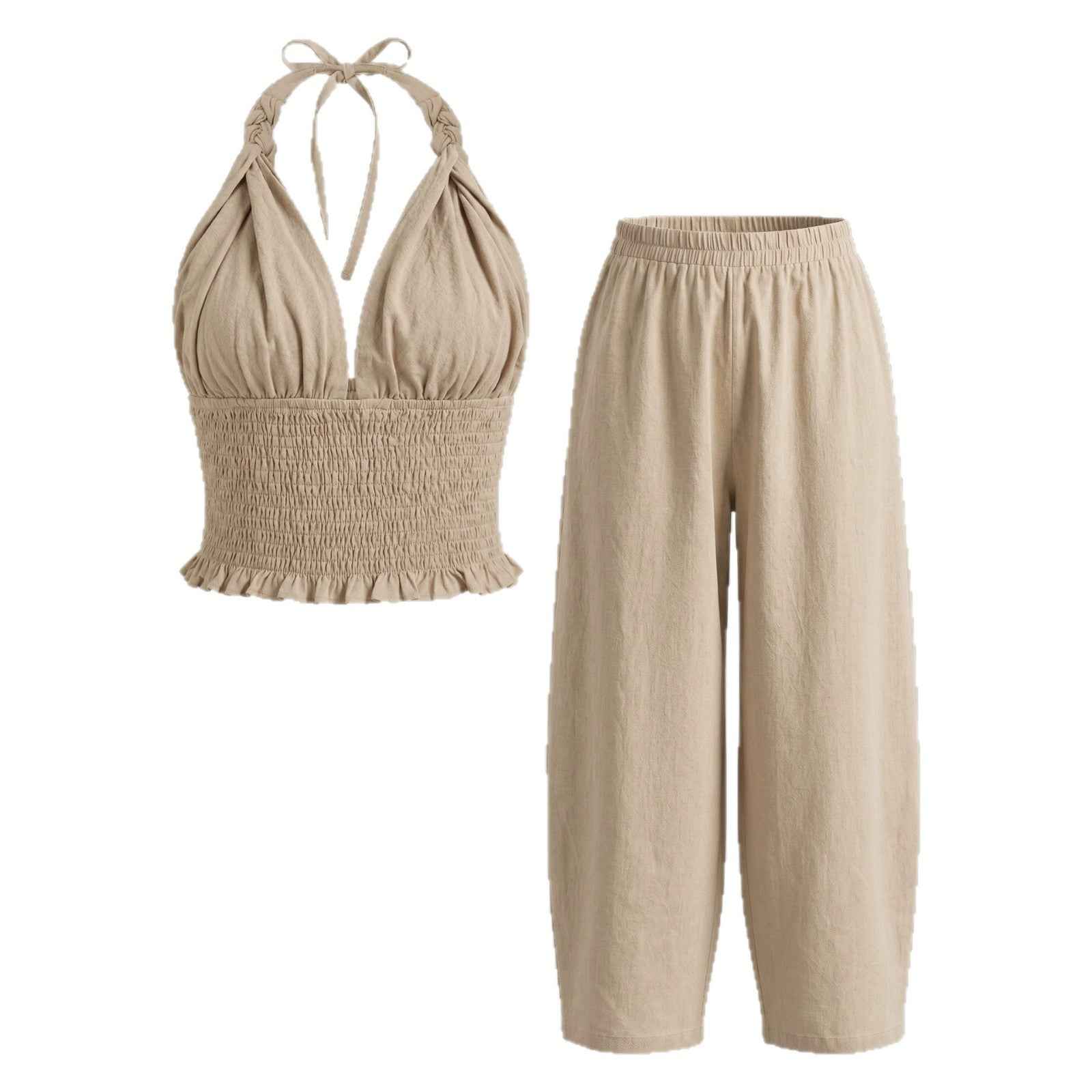Hanging neck V-neck short top+loose lantern pants linen two-piece set for women - MODALIFE